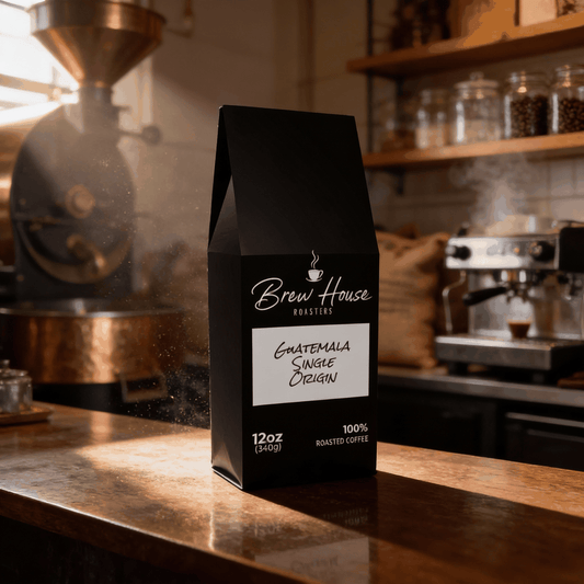Guatemala Single Origin coffee bag by Brew House Roasters on wooden counter with roasting equipment background