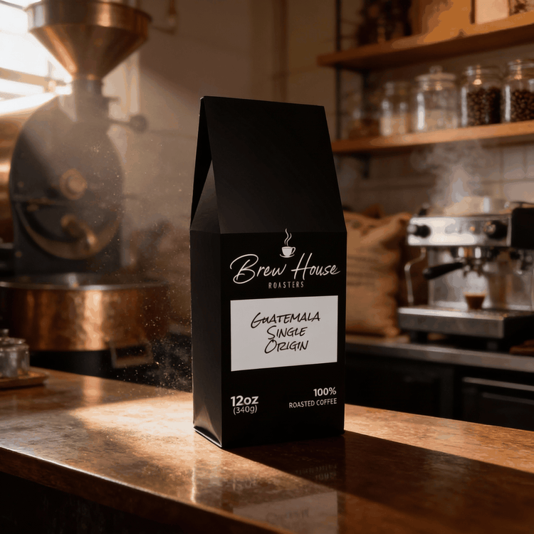 Guatemala Single Origin coffee bag by Brew House Roasters on wooden counter with roasting equipment background
