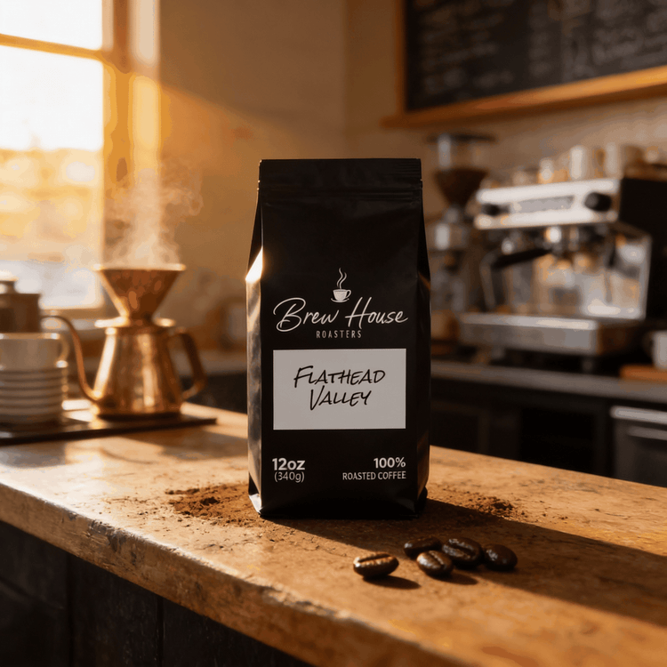 Flathead Valley dark roast coffee bag with coffee beans on wooden counter in cozy cafe setting