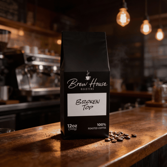 Broken Top medium roast coffee blend with chocolate almond and maple sweetness from Brazil and Mexico in 12oz bag
