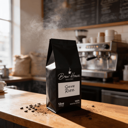 Smith River medium roast coffee bag on wooden counter with coffee beans and espresso machine in background