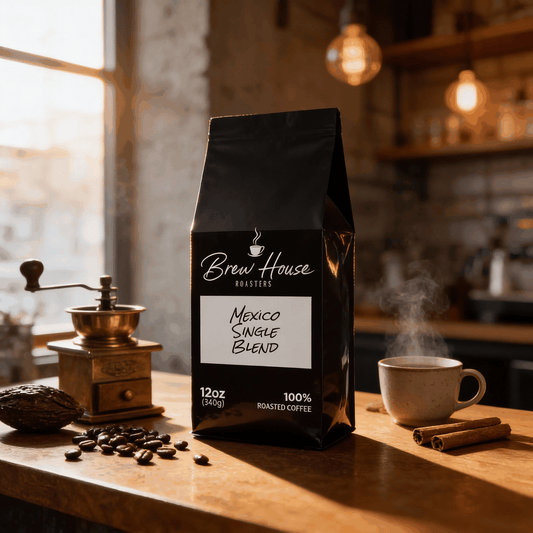 Black 12oz bag of Mexico Single Blend coffee on wooden table with coffee beans, grinder, steaming cup, and cinnamon sticks in cozy kitchen setting