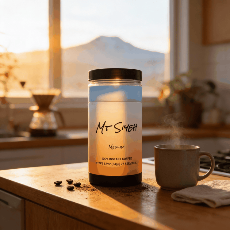 Mt Siyeh medium instant coffee from Papua New Guinea with smooth, aromatic flavors and 27 servings container on kitchen counter