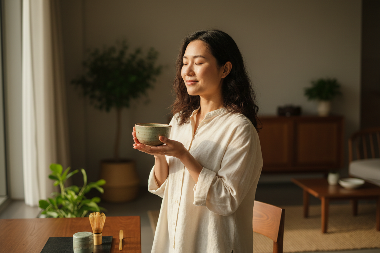 asian lady drinking matcha