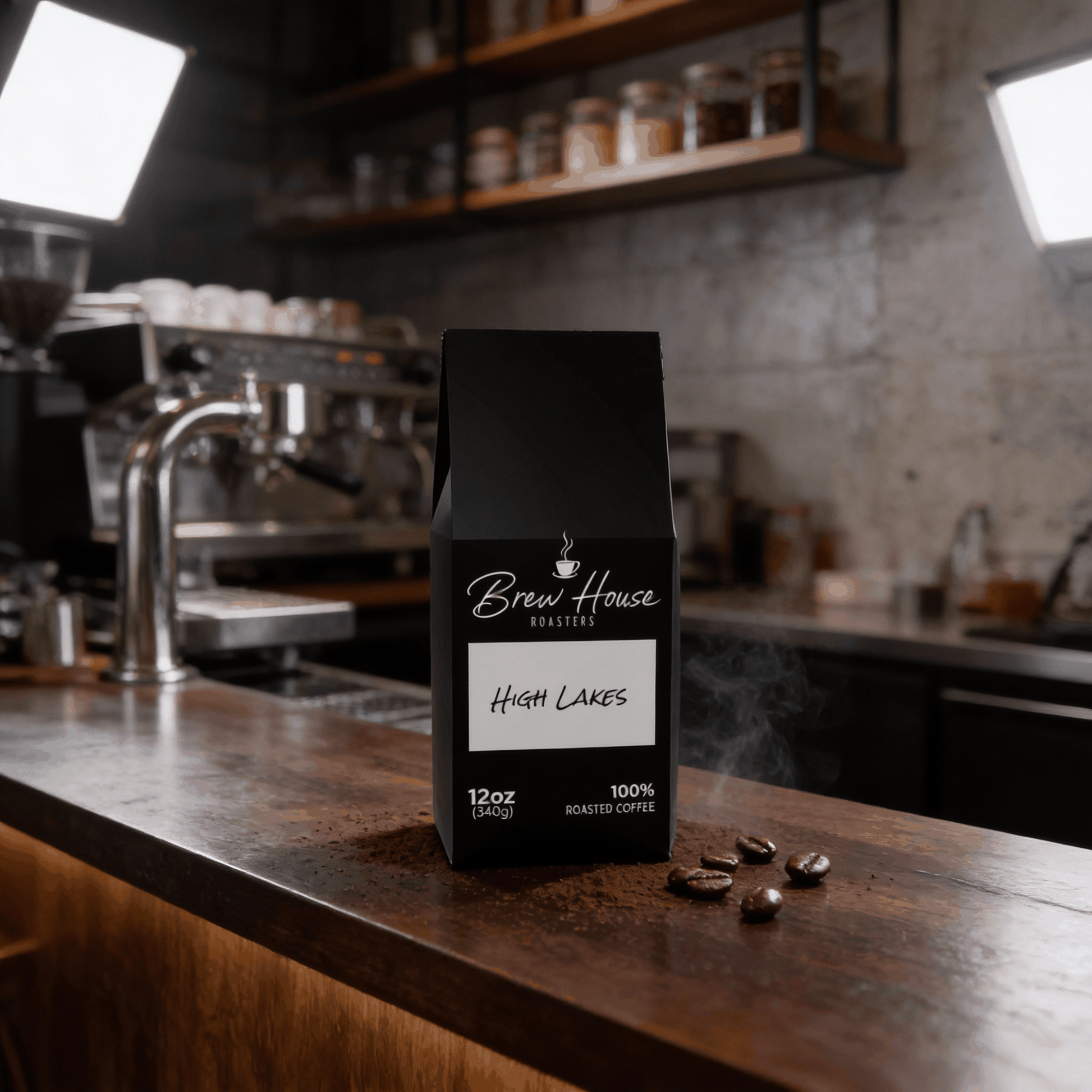 High Lakes light roast coffee blend bag on wooden counter with coffee beans and espresso machine background