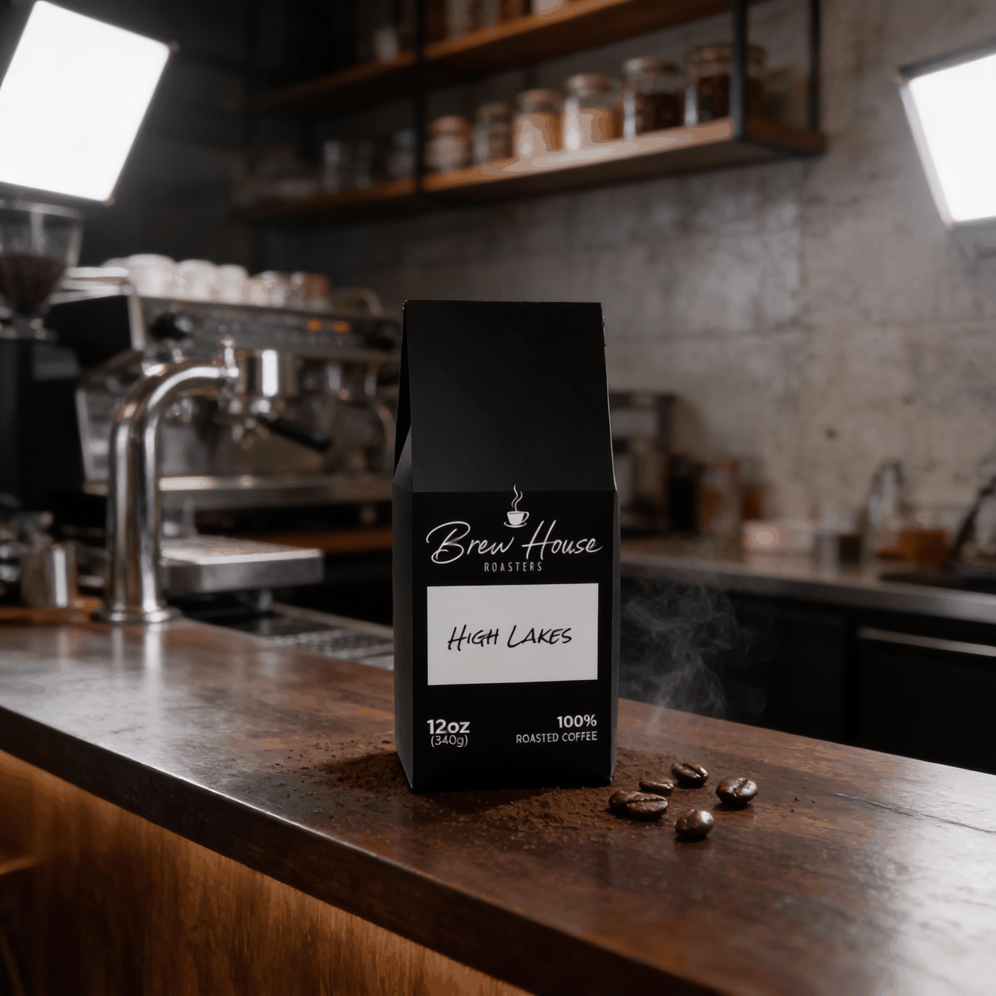 High Lakes light roast coffee blend bag on wooden counter with coffee beans and espresso machine background