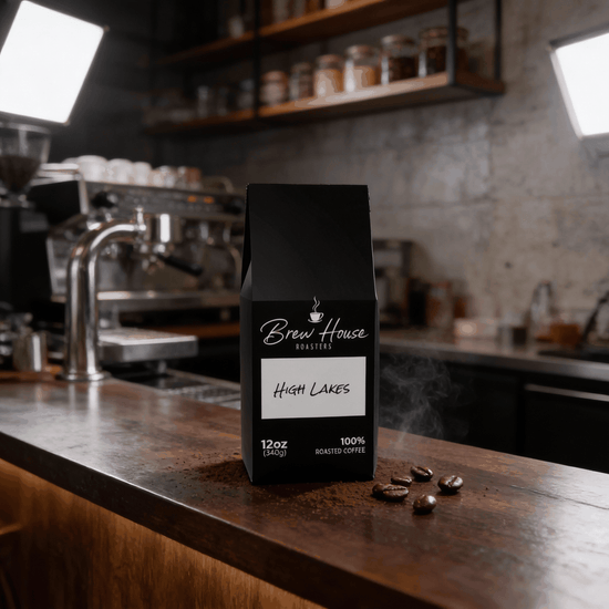 High Lakes light roast coffee blend bag on wooden counter with coffee beans and espresso machine background