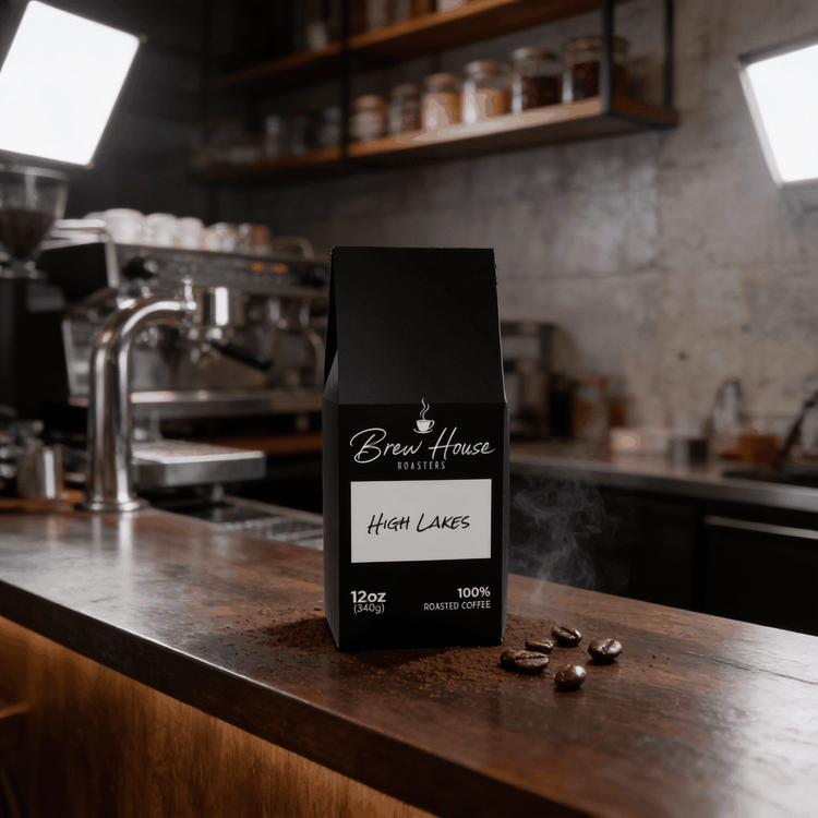 High Lakes light roast coffee blend bag on wooden counter with coffee beans and espresso machine background