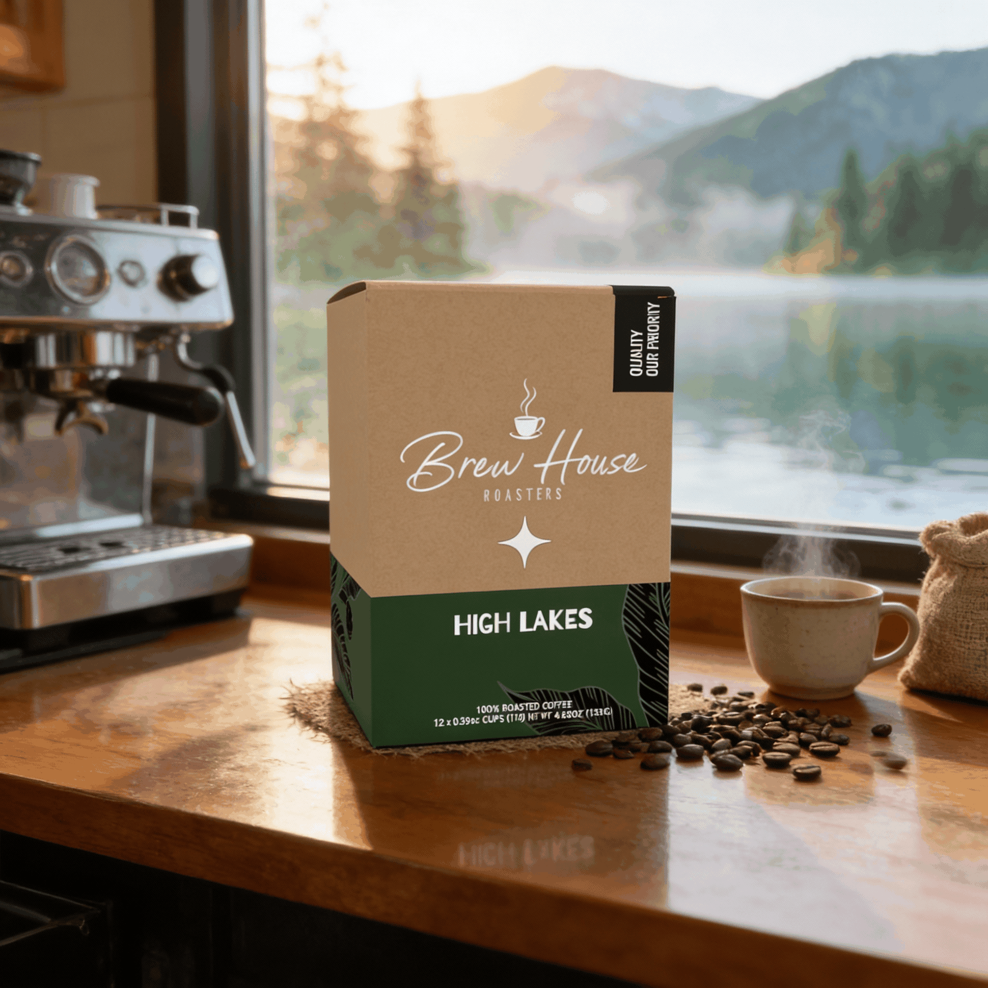 High Lakes light roast coffee blend package with coffee cup and beans on wooden countertop by scenic window