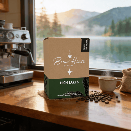 High Lakes light roast coffee blend package with coffee cup and beans on wooden countertop by scenic window