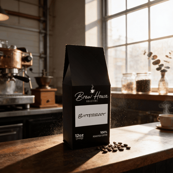 Brew House Bitterroot 12oz dark roast Brazilian coffee bag with coffee beans on wooden counter in cozy cafe setting