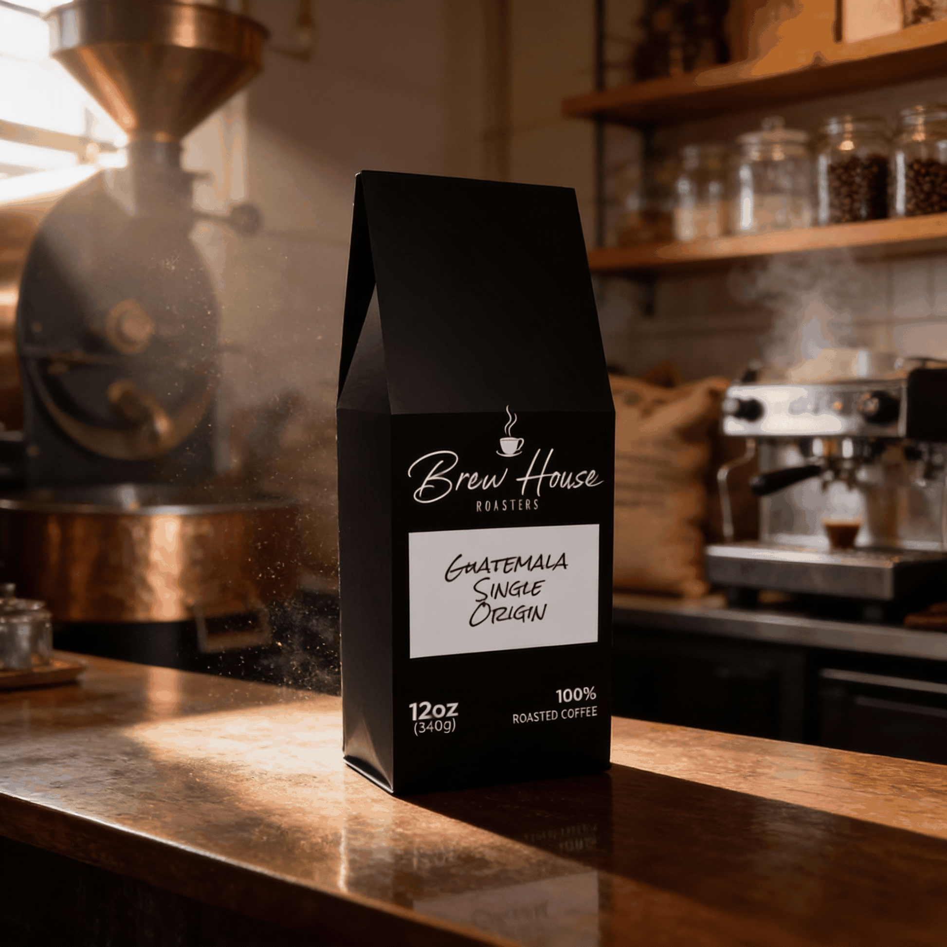 Guatemala Single Origin coffee bag by Brew House Roasters on wooden counter with roasting equipment background