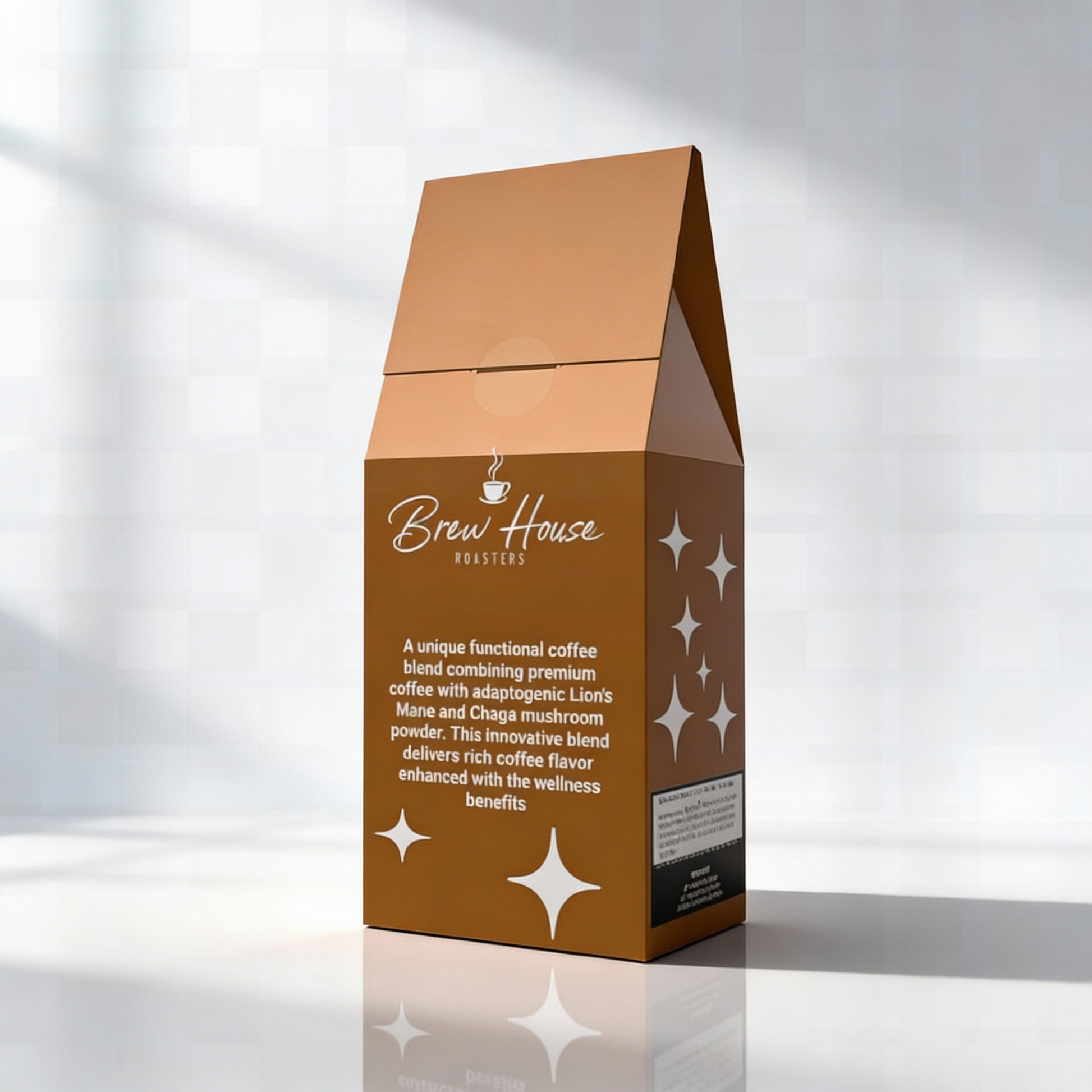 Brew House Roasters Functional Mushroom coffee blend package with Lion's Mane and Chaga mushroom powder on white surface