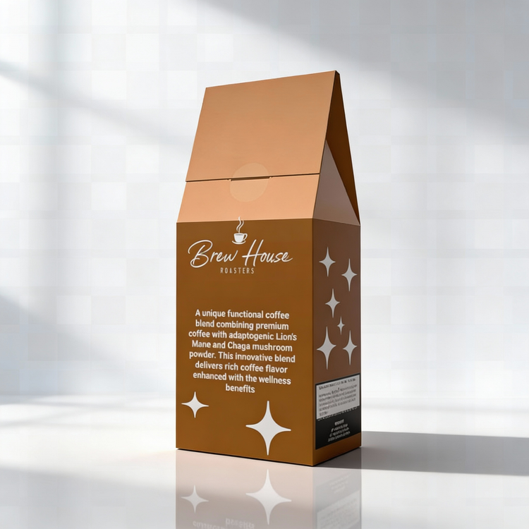Brew House Roasters Functional Mushroom coffee blend package with Lion's Mane and Chaga mushroom powder on white surface