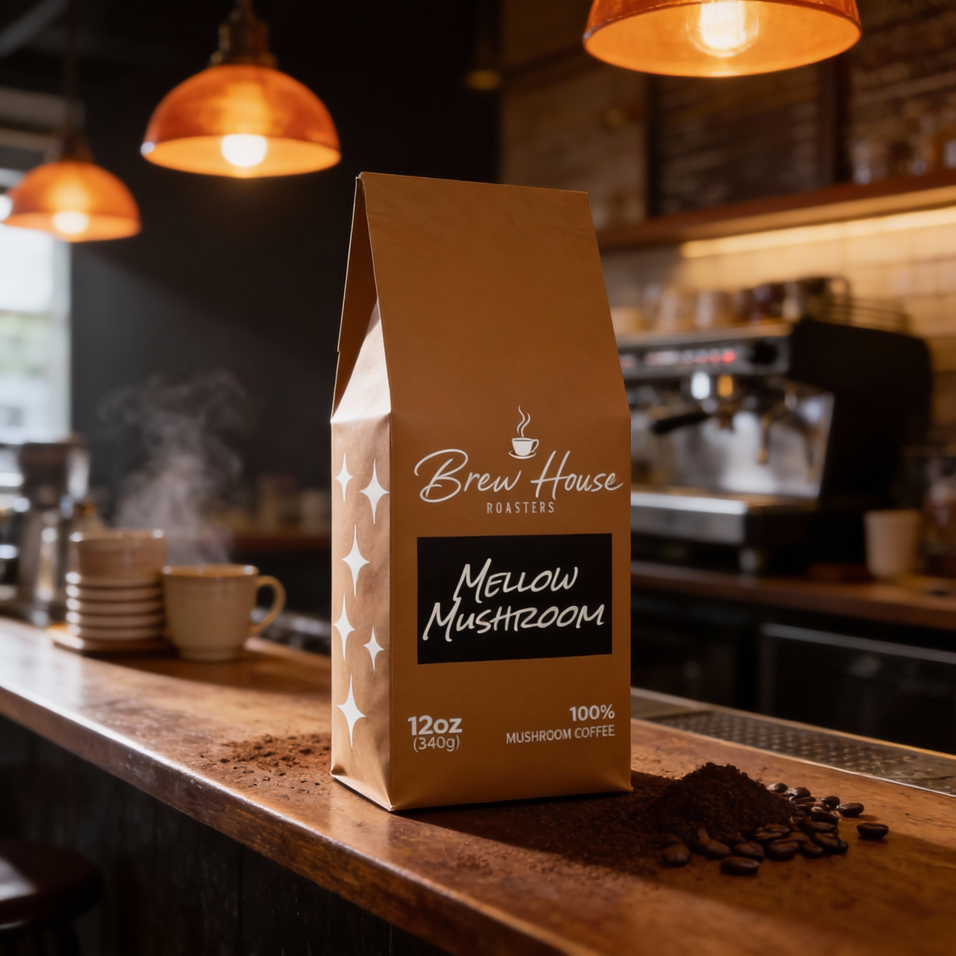 Package of Brew House Mellow Mushroom functional coffee blend with mushroom powder on cafe counter