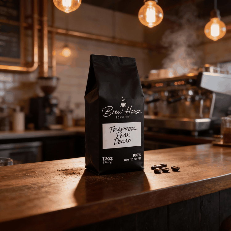 Trapper Peak Decaf Indonesian medium roast coffee bag on wooden counter with coffee beans and steaming espresso machine in background