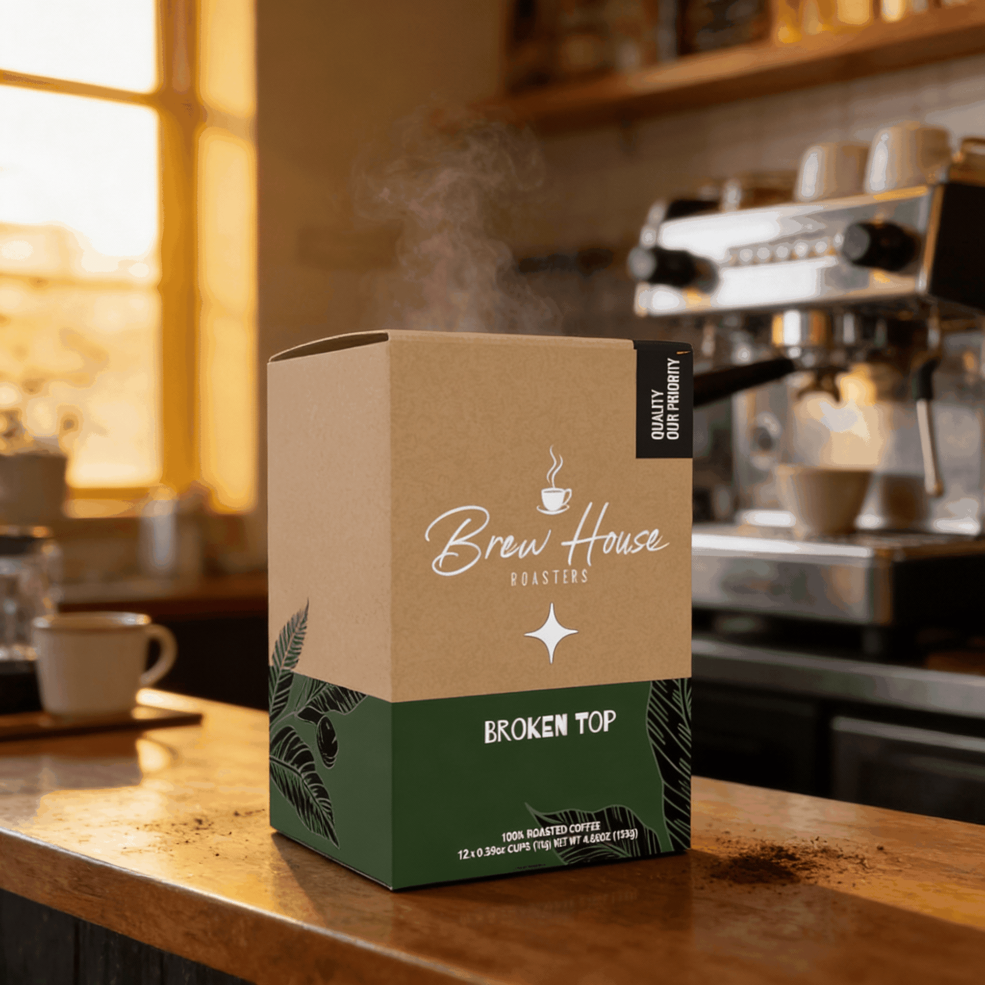 Broken Top medium roast coffee blend box by Brew House Roasters with steaming cup in cozy cafe setting