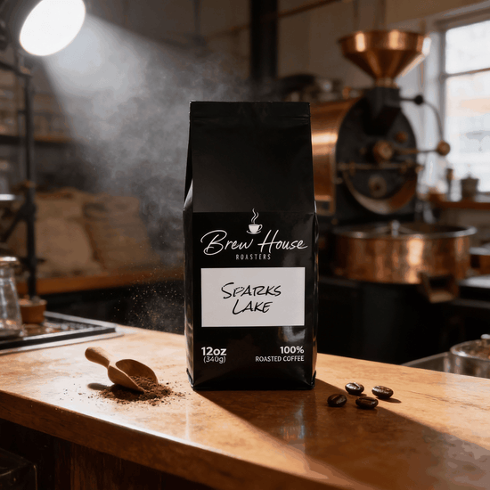 Sparks Lake light roast coffee blend with Ethiopian, Guatemalan, and Brazilian beans in 12oz black Brew House Roasters bag on wooden table with coffee grounds and beans