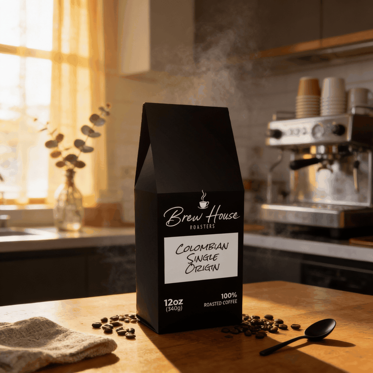 Colombia Single Origin light-medium roast coffee bag with coffee beans and steam in kitchen setting