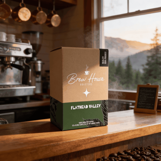Flathead Valley dark roast coffee box with mountain scenery background on wooden counter