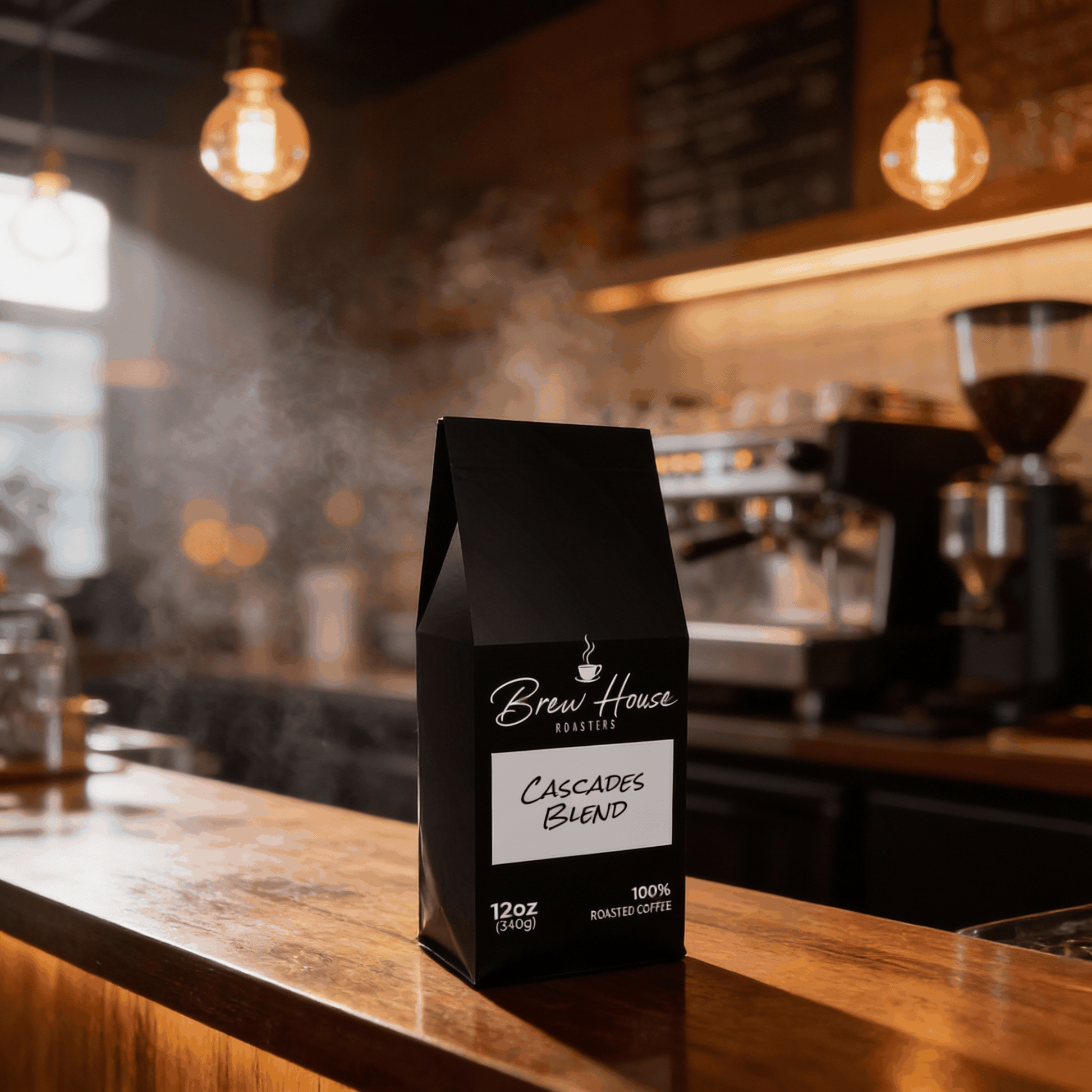 Cascades Blend medium-dark roast coffee bag on wooden counter in coffee shop with rich cocoa and toasted nut flavors from Brazil and Mexico beans