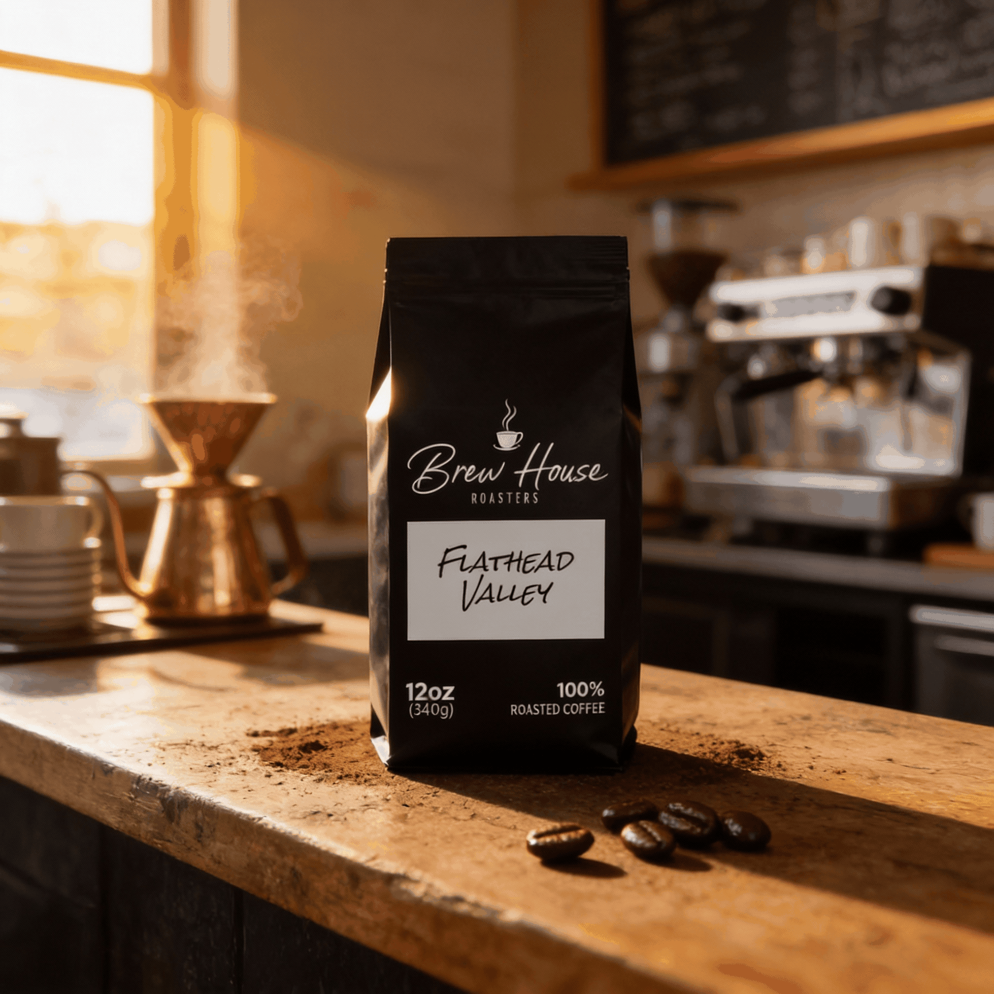 Flathead Valley dark roast coffee bag with coffee beans on wooden counter in cozy cafe setting