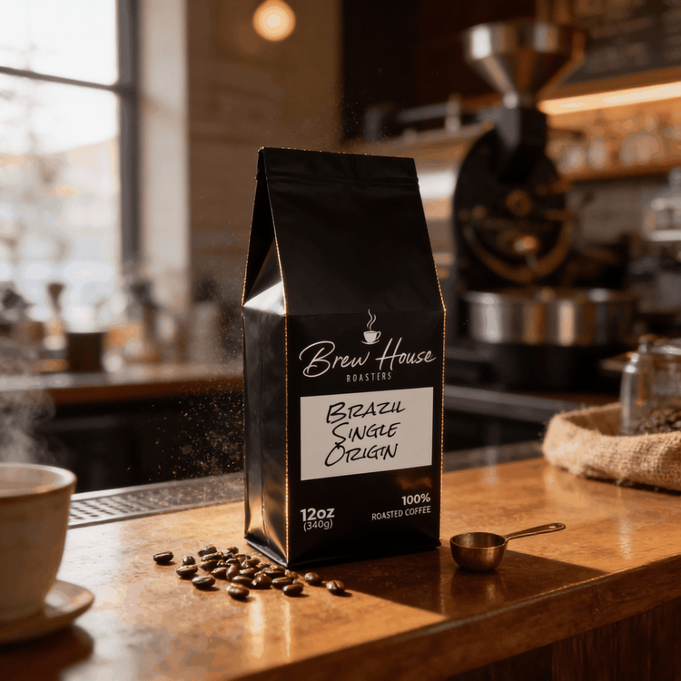 Brazil Single Origin medium roast coffee bag with coffee beans on wooden countertop in cozy café setting