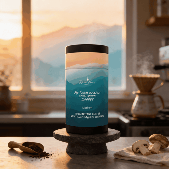 Mt Siyeh Instant Mushroom Coffee container with mountain design beside fresh mushrooms and coffee grounds in kitchen setting