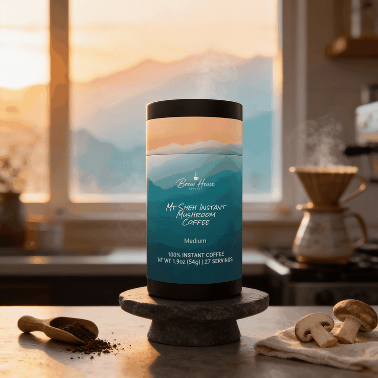Mt Siyeh Instant Mushroom Coffee container with mountain design beside fresh mushrooms and coffee grounds in kitchen setting